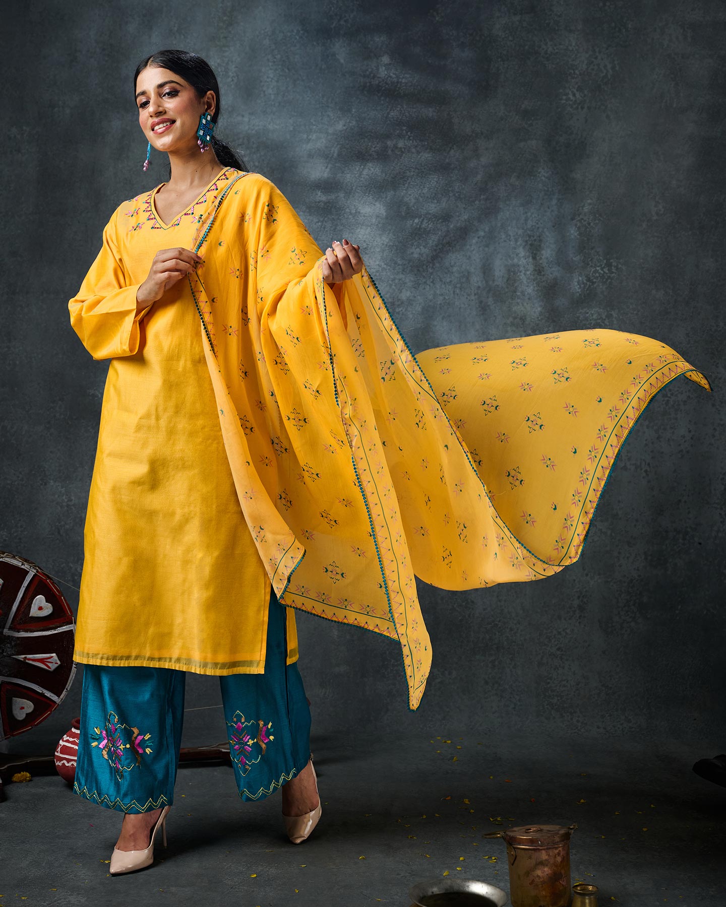 Pure Chanderi Hand Embroidered Phulkari Suit with Dupatta - Daffodil Yellow + Teal Blue + Artisanal + Punjab + Tradition + Women + MakeInIndia + Handicraft + Panjab + Rang + Colours + Girl Clothing + Fulkari + Threads + Colours + Colors + Embroidery + Handwork + Artisan + Stylish + Comfort wear + Royal + Elegant + Kurti + Pant + Dupatta