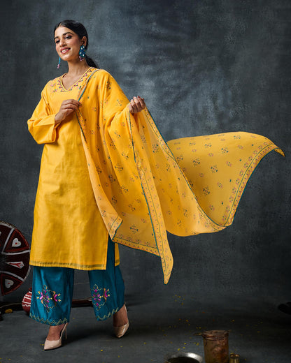 Pure Chanderi Hand Embroidered Phulkari Suit with Dupatta - Daffodil Yellow + Teal Blue + Artisanal + Punjab + Tradition + Women + MakeInIndia + Handicraft + Panjab + Rang + Colours + Girl Clothing + Fulkari + Threads + Colours + Colors + Embroidery + Handwork + Artisan + Stylish + Comfort wear + Royal + Elegant + Kurti + Pant + Dupatta