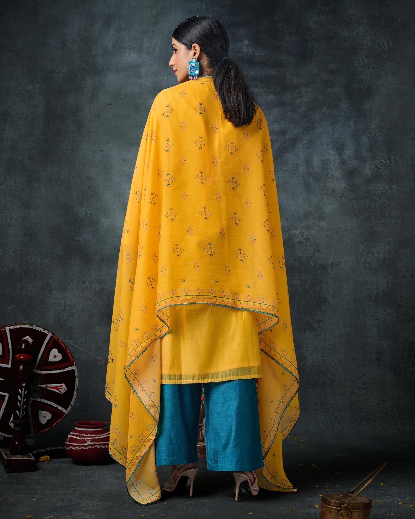 Pure Chanderi Hand Embroidered Phulkari Suit with Dupatta - Daffodil Yellow + Teal Blue + Artisanal + Punjab + Tradition + Women + MakeInIndia + Handicraft + Panjab + Rang + Colours + Girl Clothing + Fulkari + Threads + Colours + Colors + Embroidery + Handwork + Artisan + Stylish + Comfort wear + Royal + Elegant + Kurti + Pant + Dupatta