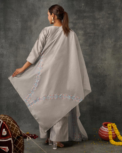 Pure Chanderi Hand Embroidered Phulkari Suit with Dupatta - Glacier Grey + Artisanal + Punjab + Tradition + Women + MakeInIndia + Handicraft + Panjab + Rang + Colours + Girl Clothing + Fulkari + Threads + Colours + Colors + Embroidery + Handwork + Artisan + Stylish + Comfort wear + Royal + Elegant + Kurti + Pant + Dupatta