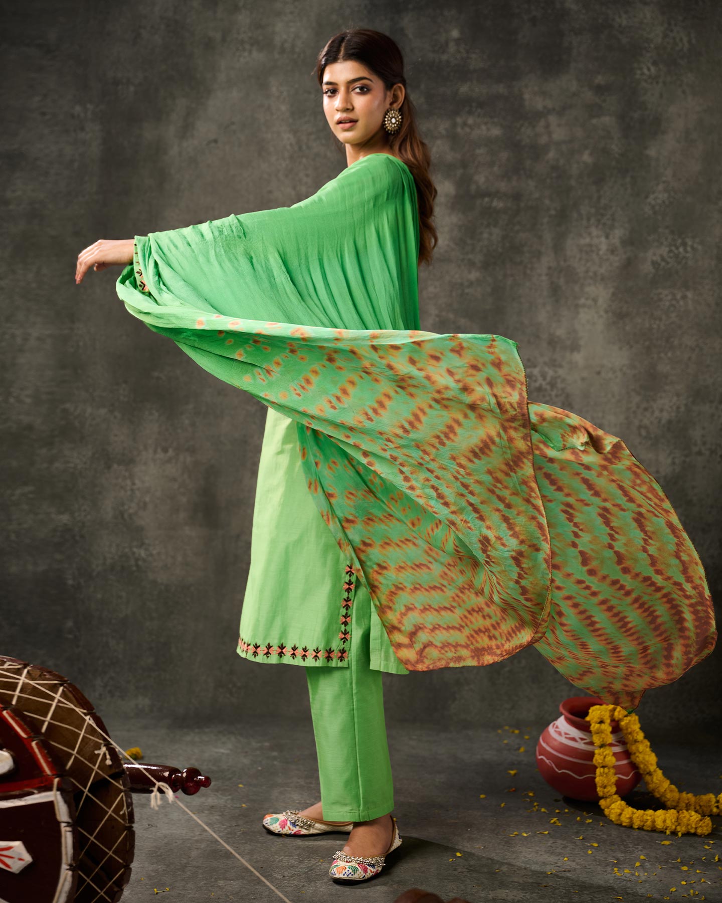 Pure Chanderi Hand Embroidered Phulkari Suit with Dupatta - Parakeet Green + Artisanal + Punjab + Tradition + Women + MakeInIndia + Handicraft + Panjab + Rang + Colours + Girl Clothing + Fulkari + Threads + Colours + Colors + Embroidery + Handwork + Artisan + Stylish + Comfort wear + Royal + Elegant + Kurti + Pant + Dupatta