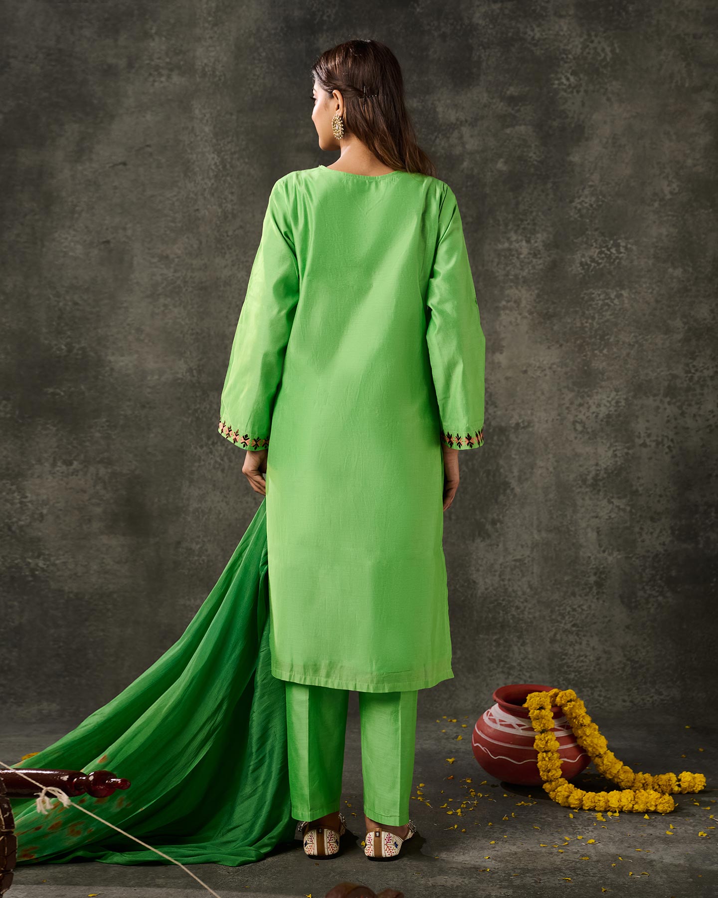 Pure Chanderi Hand Embroidered Phulkari Pants - Parakeet Green + Artisanal + Punjab + Tradition + Women + MakeInIndia + Handicraft + Panjab + Rang + Colours + Girl Clothing + Fulkari + Threads + Colours + Colors + Embroidery + Handwork + Artisan + Stylish + Comfort wear + Royal + Elegant + Kurti + Pant + Dupatta