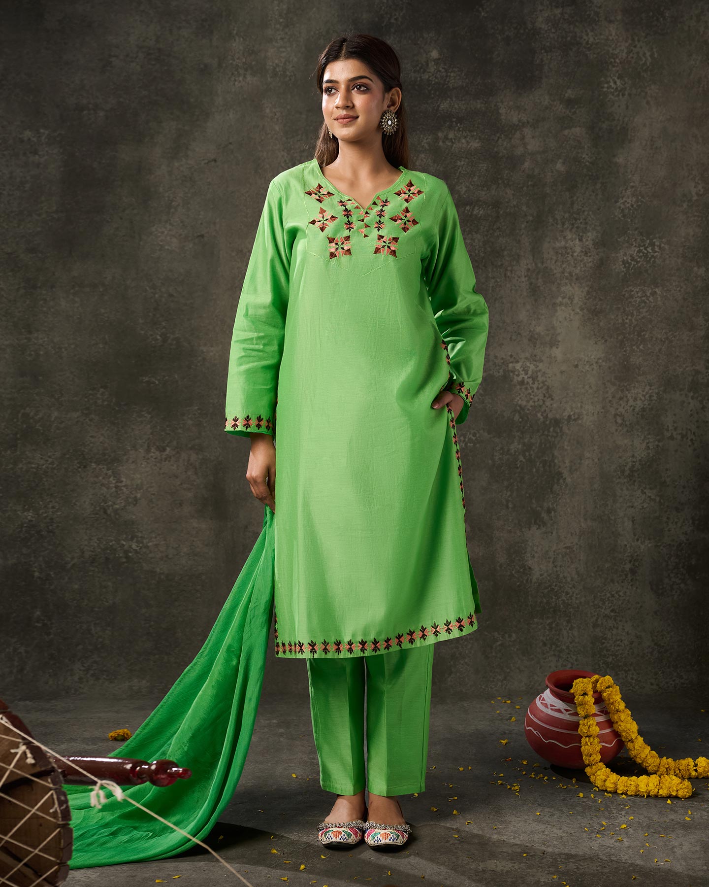 Pure Chanderi Hand Embroidered Phulkari Suit with Dupatta - Parakeet Green + Artisanal + Punjab + Tradition + Women + MakeInIndia + Handicraft + Panjab + Rang + Colours + Girl Clothing + Fulkari + Threads + Colours + Colors + Embroidery + Handwork + Artisan + Stylish + Comfort wear + Royal + Elegant + Kurti + Pant + Dupatta