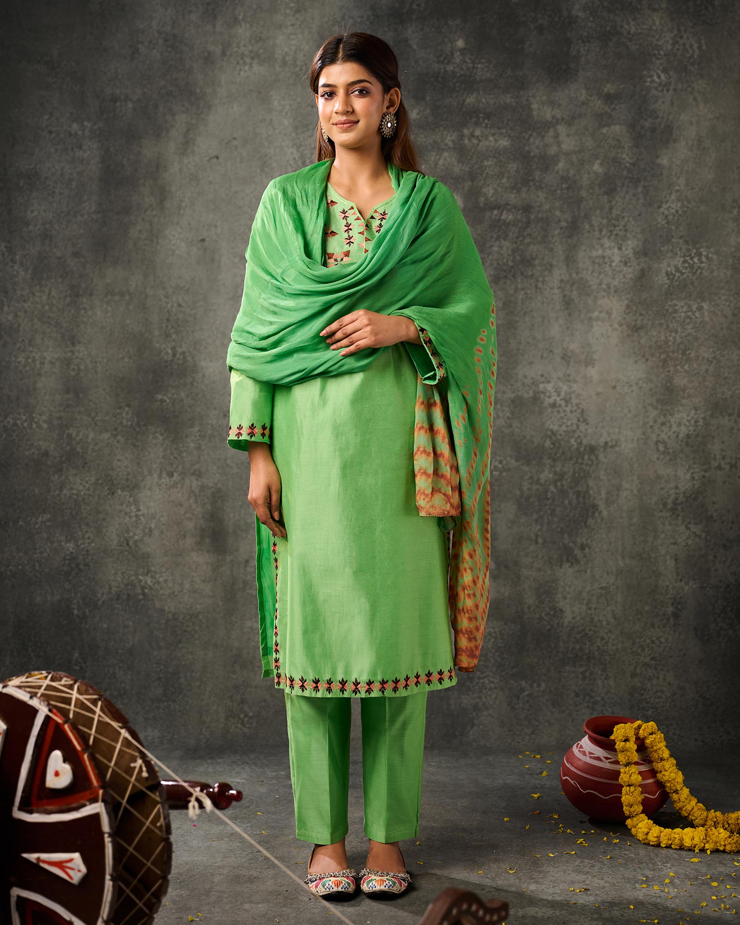 Pure Chanderi Hand Embroidered Phulkari Kurti - Parakeet Green + Artisanal + Punjab + Tradition + Women + MakeInIndia + Handicraft + Panjab + Rang + Colours + Girl Clothing + Fulkari + Threads + Colours + Colors + Embroidery + Handwork + Artisan + Stylish + Comfort wear + Royal + Elegant + Kurti + Pant + Dupatta