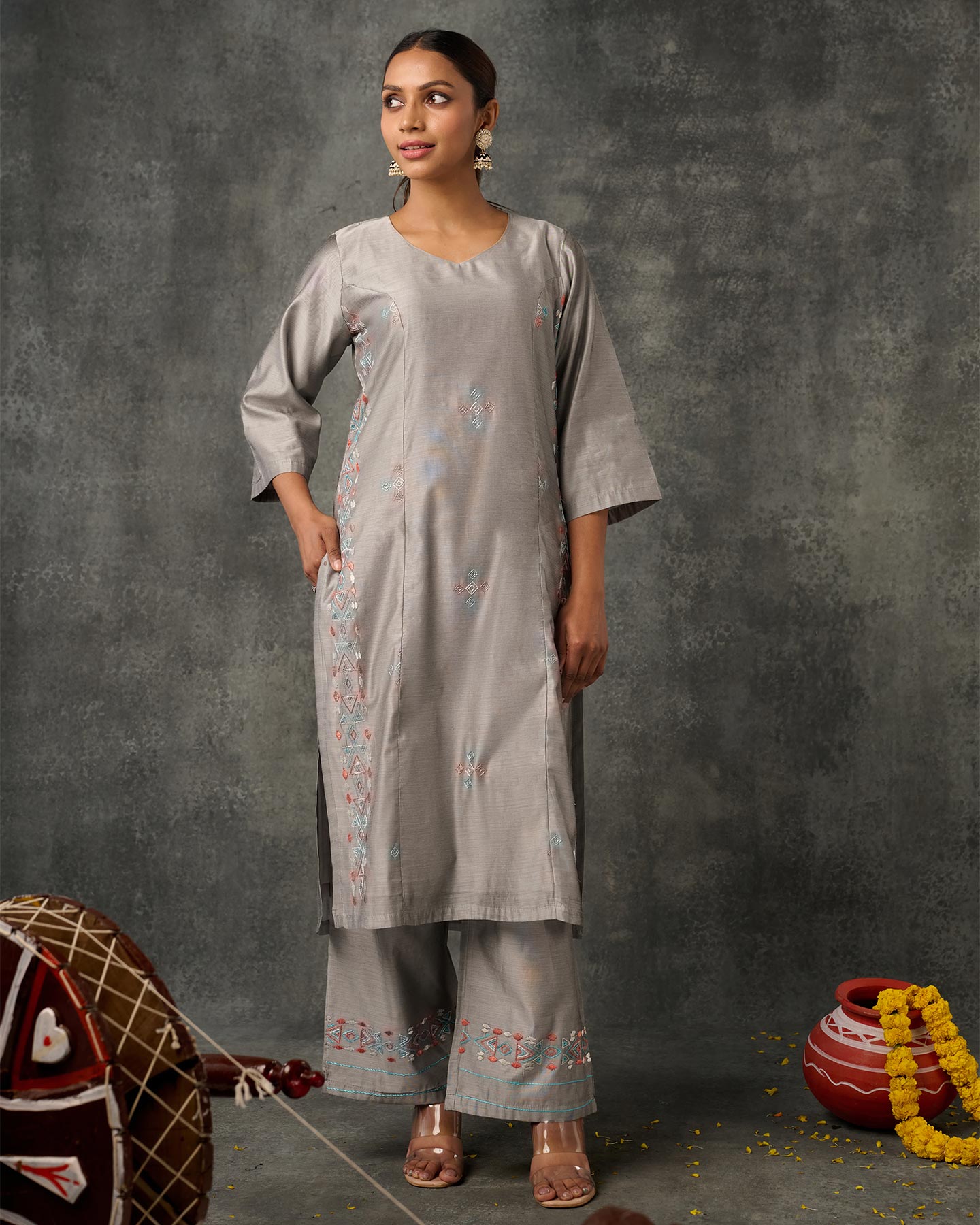 Pure Chanderi Hand Embroidered Phulkari Suit with Dupatta - Glacier Grey + Artisanal + Punjab + Tradition + Women + MakeInIndia + Handicraft + Panjab + Rang + Colours + Girl Clothing + Fulkari + Threads + Colours + Colors + Embroidery + Handwork + Artisan + Stylish + Comfort wear + Royal + Elegant + Kurti + Pant + Dupatta