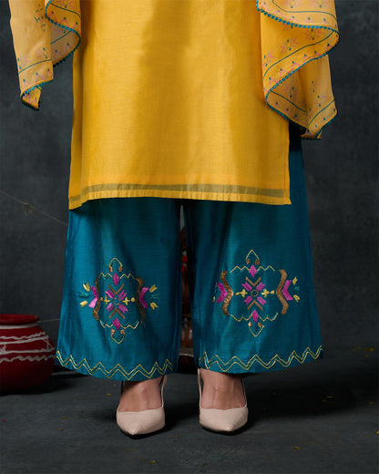 Pure Chanderi Hand Embroidered Phulkari Suit with Dupatta - Daffodil Yellow + Teal Blue + Artisanal + Punjab + Tradition + Women + MakeInIndia + Handicraft + Panjab + Rang + Colours + Girl Clothing + Fulkari + Threads + Colours + Colors + Embroidery + Handwork + Artisan + Stylish + Comfort wear + Royal + Elegant + Kurti + Pant + Dupatta