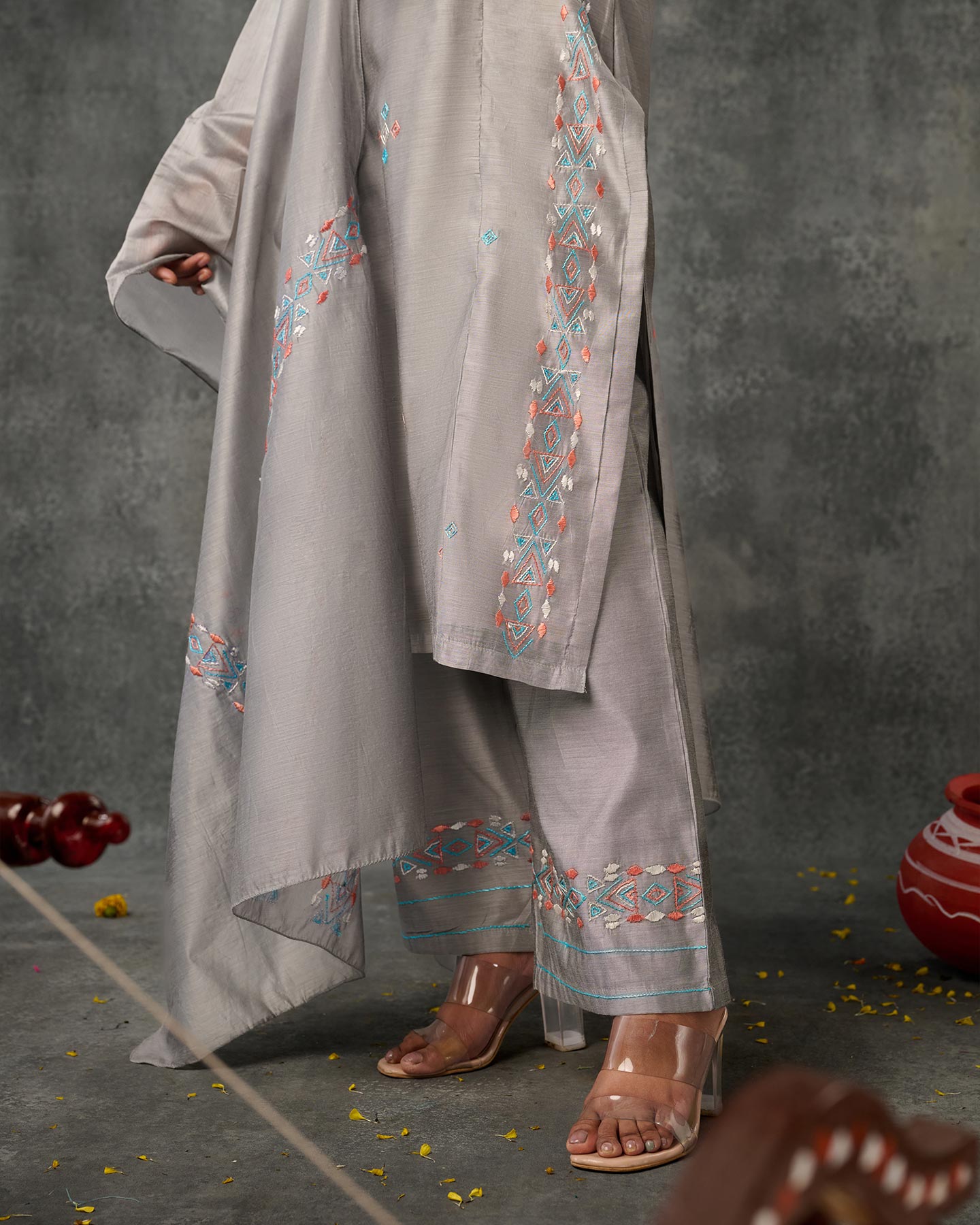 Pure Chanderi Hand Embroidered Phulkari Pant - Glacier Grey + Artisanal + Punjab + Tradition + Women + MakeInIndia + Handicraft + Panjab + Rang + Colours + Girl Clothing + Fulkari + Threads + Colours + Colors + Embroidery + Handwork + Artisan + Stylish + Comfort wear + Royal + Elegant + Kurti + Pant + Dupatta