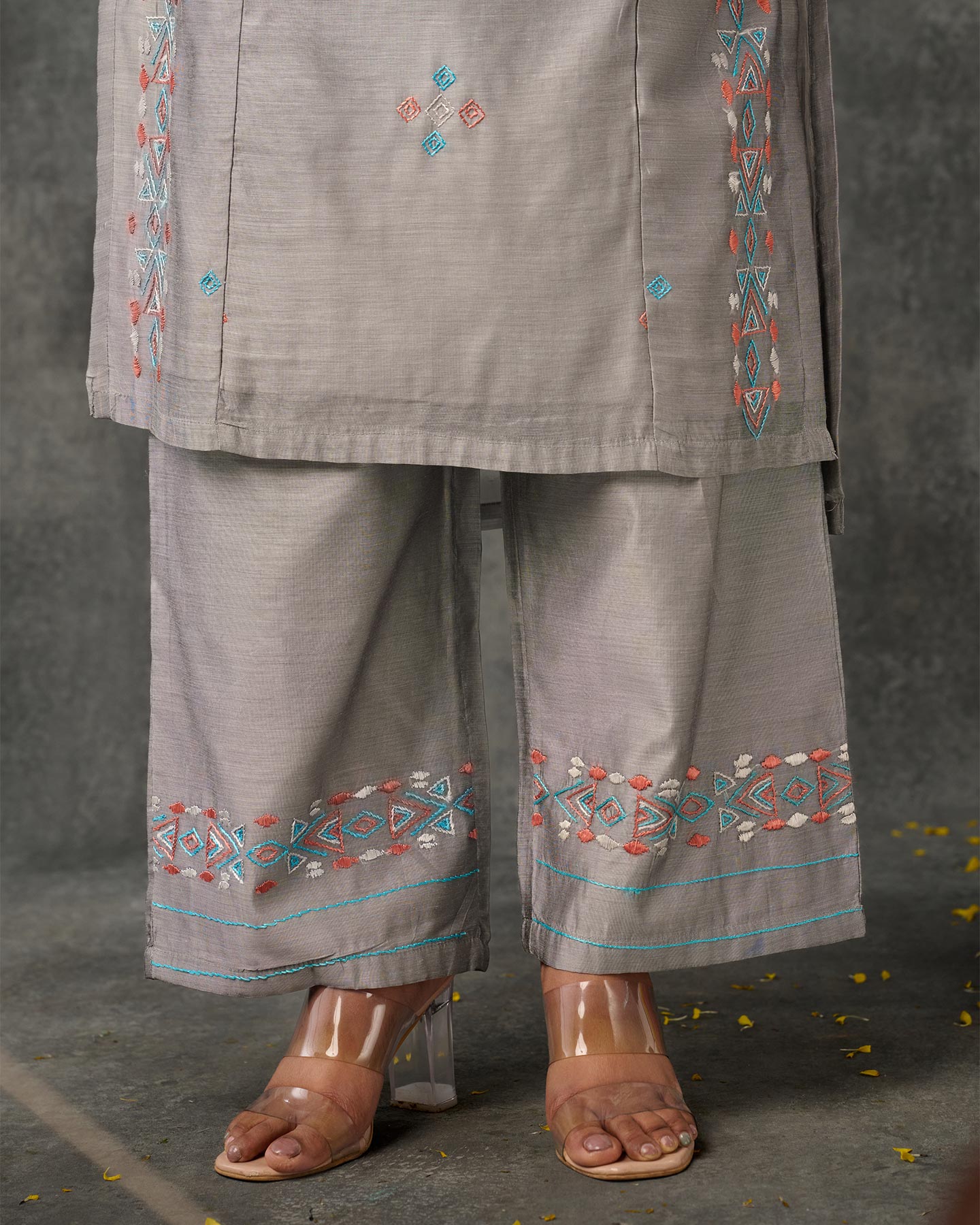 Pure Chanderi Hand Embroidered Phulkari Suit with Dupatta - Glacier Grey + Artisanal + Punjab + Tradition + Women + MakeInIndia + Handicraft + Panjab + Rang + Colours + Girl Clothing + Fulkari + Threads + Colours + Colors + Embroidery + Handwork + Artisan + Stylish + Comfort wear + Royal + Elegant + Kurti + Pant + Dupatta