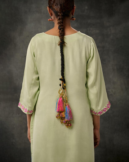 Pure Chinon Hand Embroidered Phulkari Kurti - Pastel Green + Artisanal + Punjab + Tradition + Women + MakeInIndia + Handicraft + Panjab + Rang + Colours + Girl Clothing + Fulkari + Threads + Colours + Colors + Embroidery + Handwork + Artisan