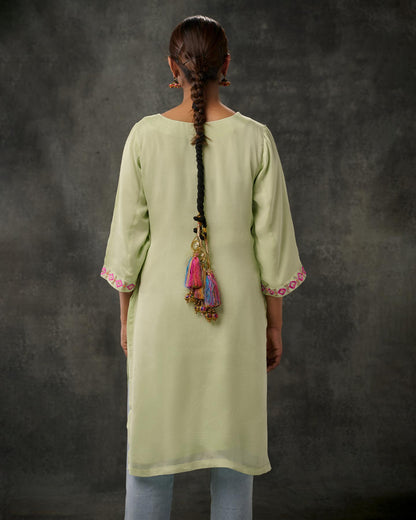 Pure Chinon Hand Embroidered Phulkari Kurti - Pastel Green + Artisanal + Punjab + Tradition + Women + MakeInIndia + Handicraft + Panjab + Rang + Colours + Girl Clothing + Fulkari + Threads + Colours + Colors + Embroidery + Handwork + Artisan