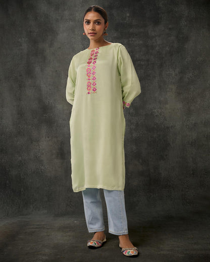 Pure Chinon Hand Embroidered Phulkari Kurti - Pastel Green + Artisanal + Punjab + Tradition + Women + MakeInIndia + Handicraft + Panjab + Rang + Colours + Girl Clothing + Fulkari + Threads + Colours + Colors + Embroidery + Handwork + Artisan