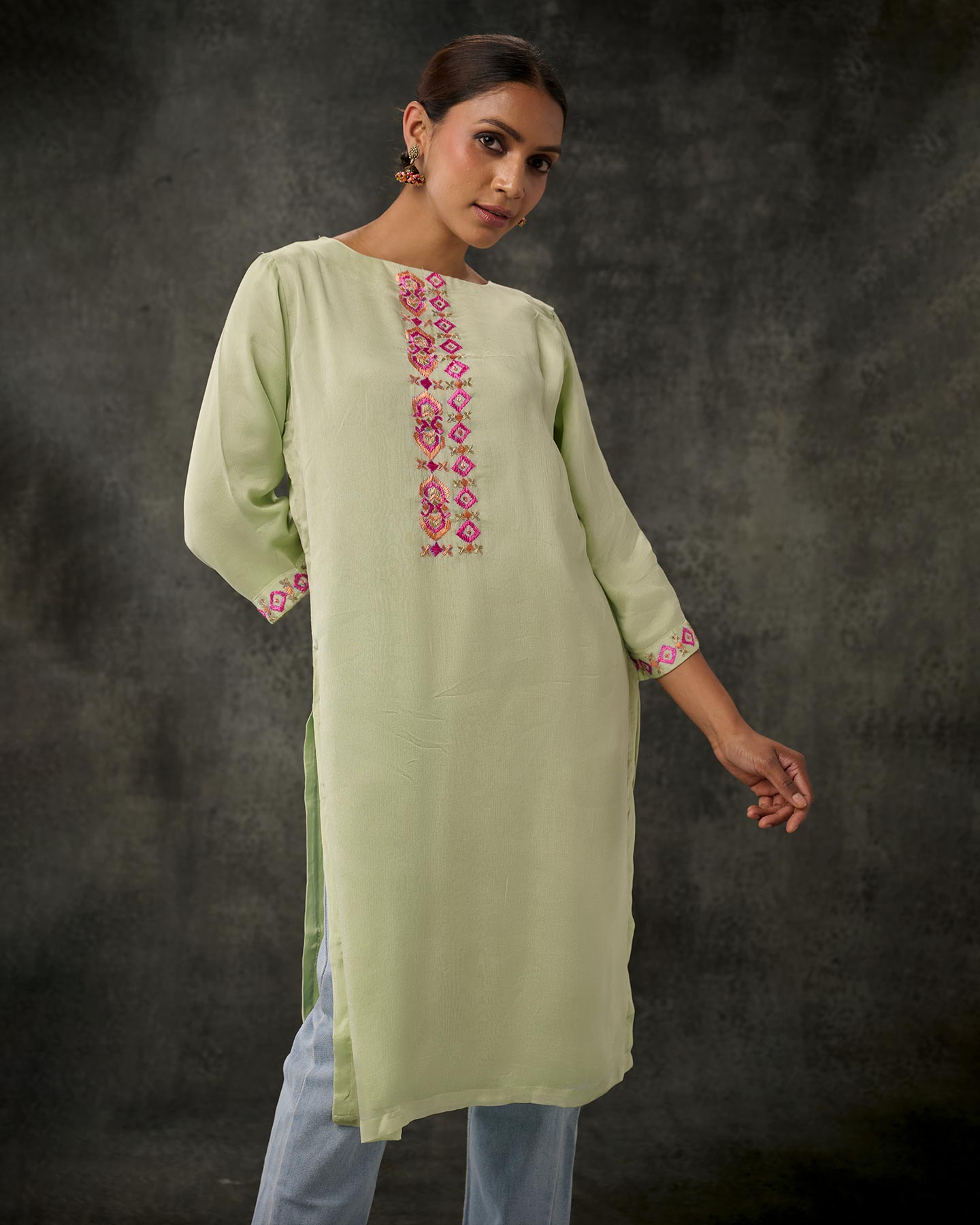 Pure Chinon Hand Embroidered Phulkari Kurti - Pastel Green + Artisanal + Punjab + Tradition + Women + MakeInIndia + Handicraft + Panjab + Rang + Colours + Girl Clothing + Fulkari + Threads + Colours + Colors + Embroidery + Handwork + Artisan