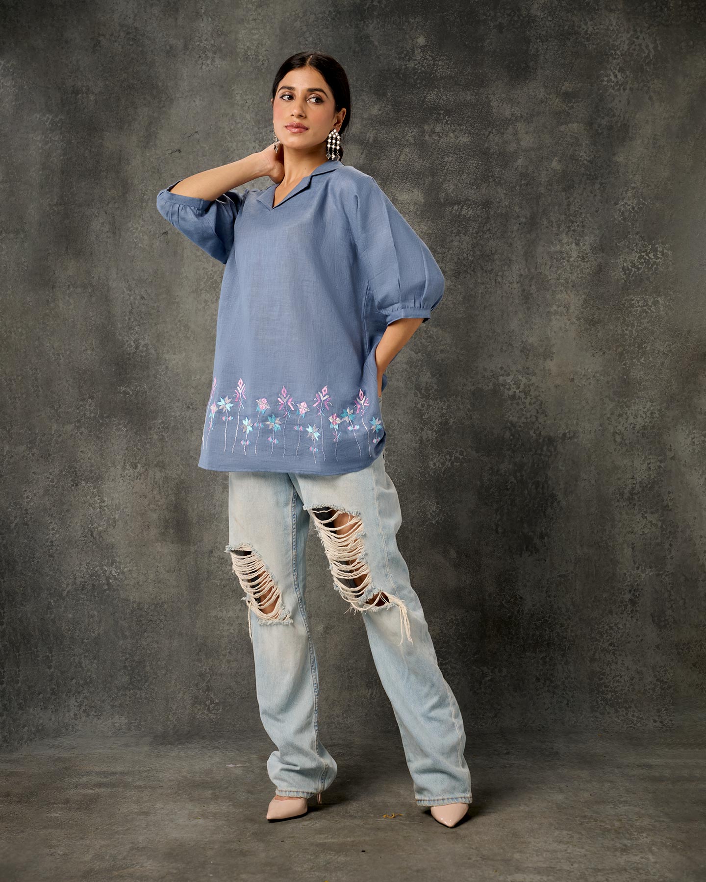 Pure Linen Hand Embroidered Phulkari Tunic - Baby Blue + Artisanal + Punjab + Tradition + Women + MakeInIndia + Handicraft + Panjab + Rang + Colours + Girl Clothing + Fulkari + Threads + Colours + Colors + Embroidery + Handwork + Artisan + Short Kurti + Top