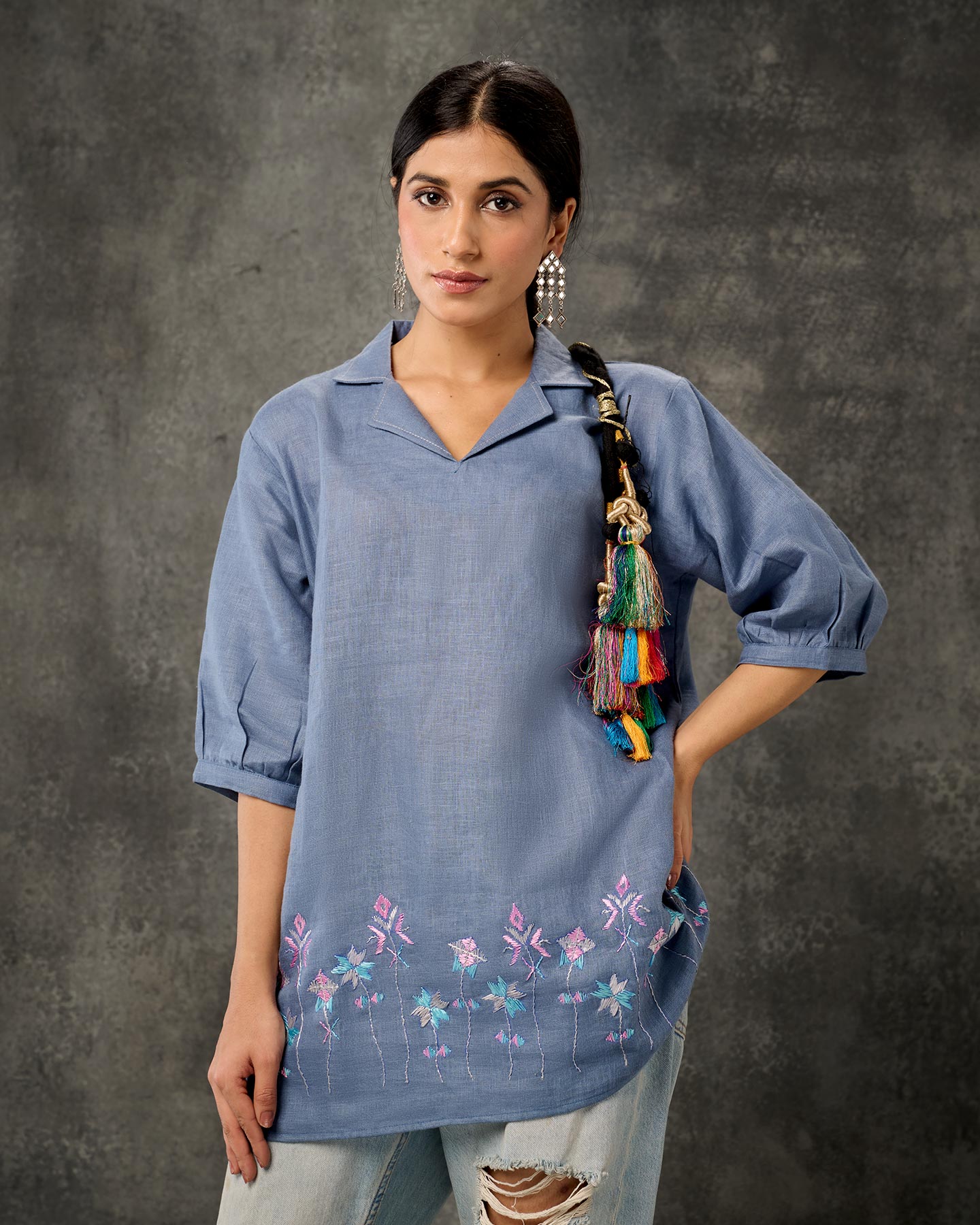 Pure Linen Hand Embroidered Phulkari Tunic - Baby Blue + Artisanal + Punjab + Tradition + Women + MakeInIndia + Handicraft + Panjab + Rang + Colours + Girl Clothing + Fulkari + Threads + Colours + Colors + Embroidery + Handwork + Artisan + Short Kurti + Top