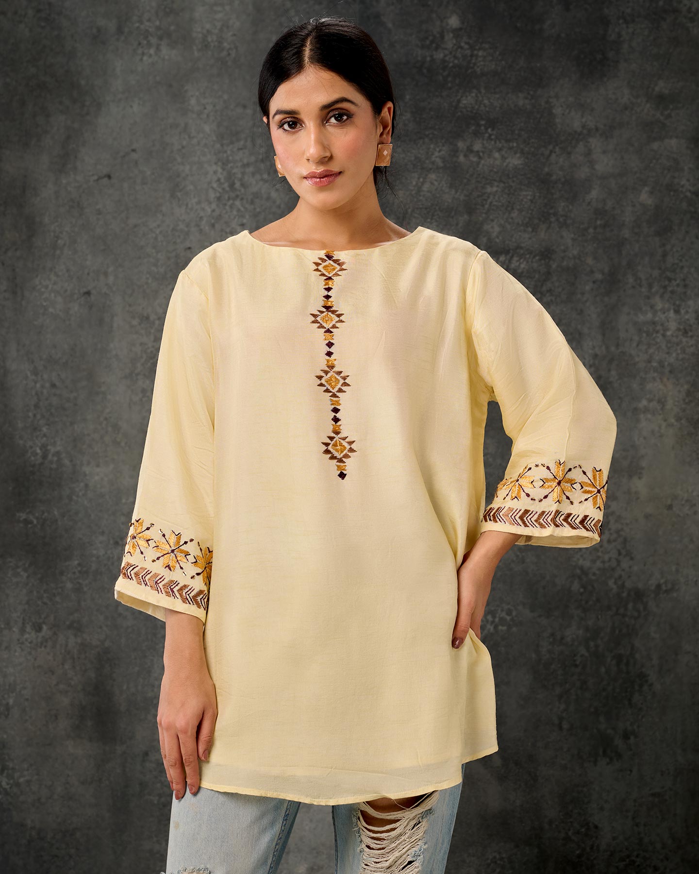 Pure Silk Hand Embroidered Phulkari Tunic - Pastel Yellow + Artisanal + Punjab + Tradition + Women + MakeInIndia + Handicraft + Panjab + Rang + Colours + Girl Clothing + Fulkari + Threads + Colours + Colors + Embroidery + Handwork + Artisan + Lemon + Dola