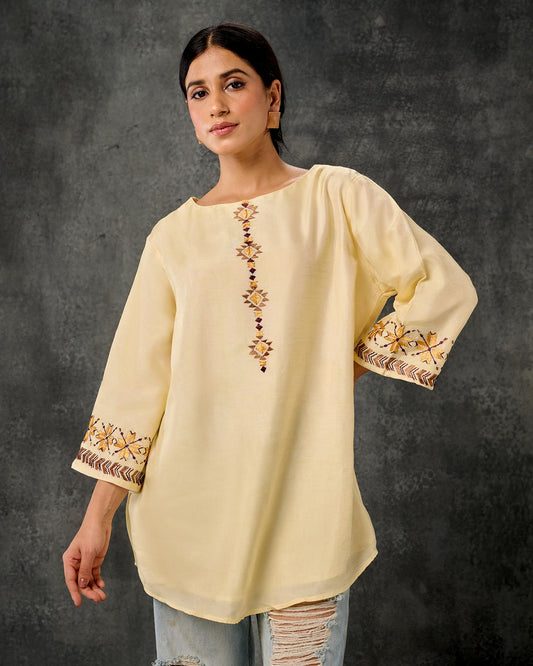 Pure Silk Hand Embroidered Phulkari Tunic - Pastel Yellow + Artisanal + Punjab + Tradition + Women + MakeInIndia + Handicraft + Panjab + Rang + Colours + Girl Clothing + Fulkari + Threads + Colours + Colors + Embroidery + Handwork + Artisan + Lemon + Dola