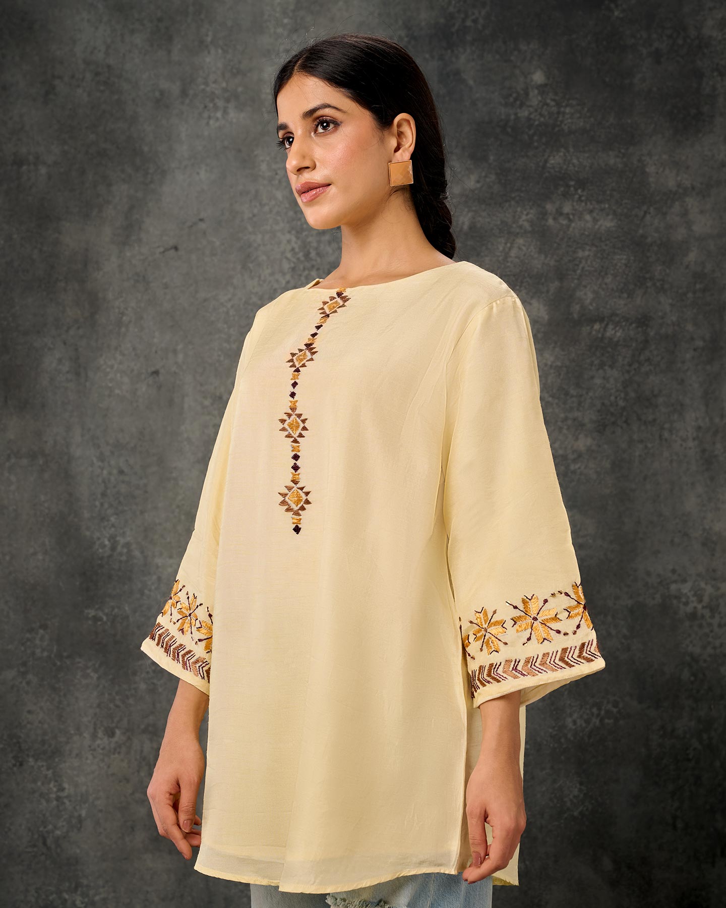 Pure Silk Hand Embroidered Phulkari Tunic - Pastel Yellow + Artisanal + Punjab + Tradition + Women + MakeInIndia + Handicraft + Panjab + Rang + Colours + Girl Clothing + Fulkari + Threads + Colours + Colors + Embroidery + Handwork + Artisan + Lemon + Dola