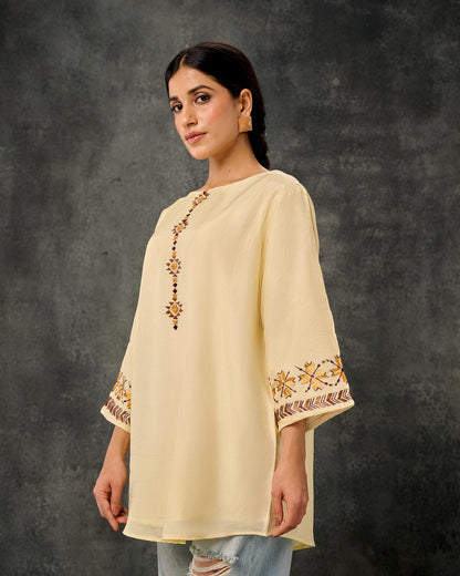 Pure Silk Hand Embroidered Phulkari Tunic - Pastel Yellow + Artisanal + Punjab + Tradition + Women + MakeInIndia + Handicraft + Panjab + Rang + Colours + Girl Clothing + Fulkari + Threads + Colours + Colors + Embroidery + Handwork + Artisan + Lemon + Dola