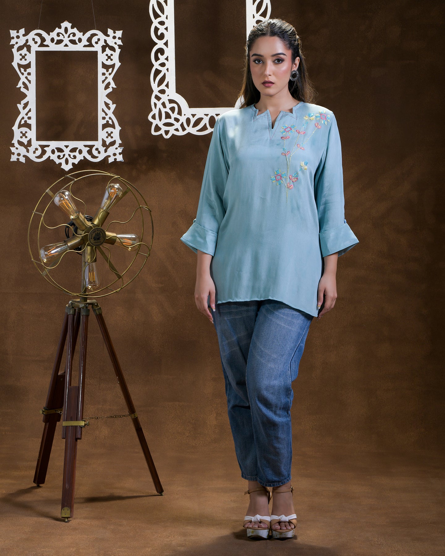 Pure Chinon Silk Hand Embroidered Phulkari Shirt - Blue Firozi Pastel Colours + Artisanal + Punjab + Tradition + Women + MakeInIndia + Handicraft + Blue red Motif + trend + festival wear + comfort wear + smart wear + trendy wear + indian ethnic + cultural wear + rakhi + diwali + ganesh cahturthi + friends wear + date wear + casual wear + indian wear + western wear + trendy attire + fashion + stylish + dinner + luxury + premium + royal + floral + stylish neck + kurti