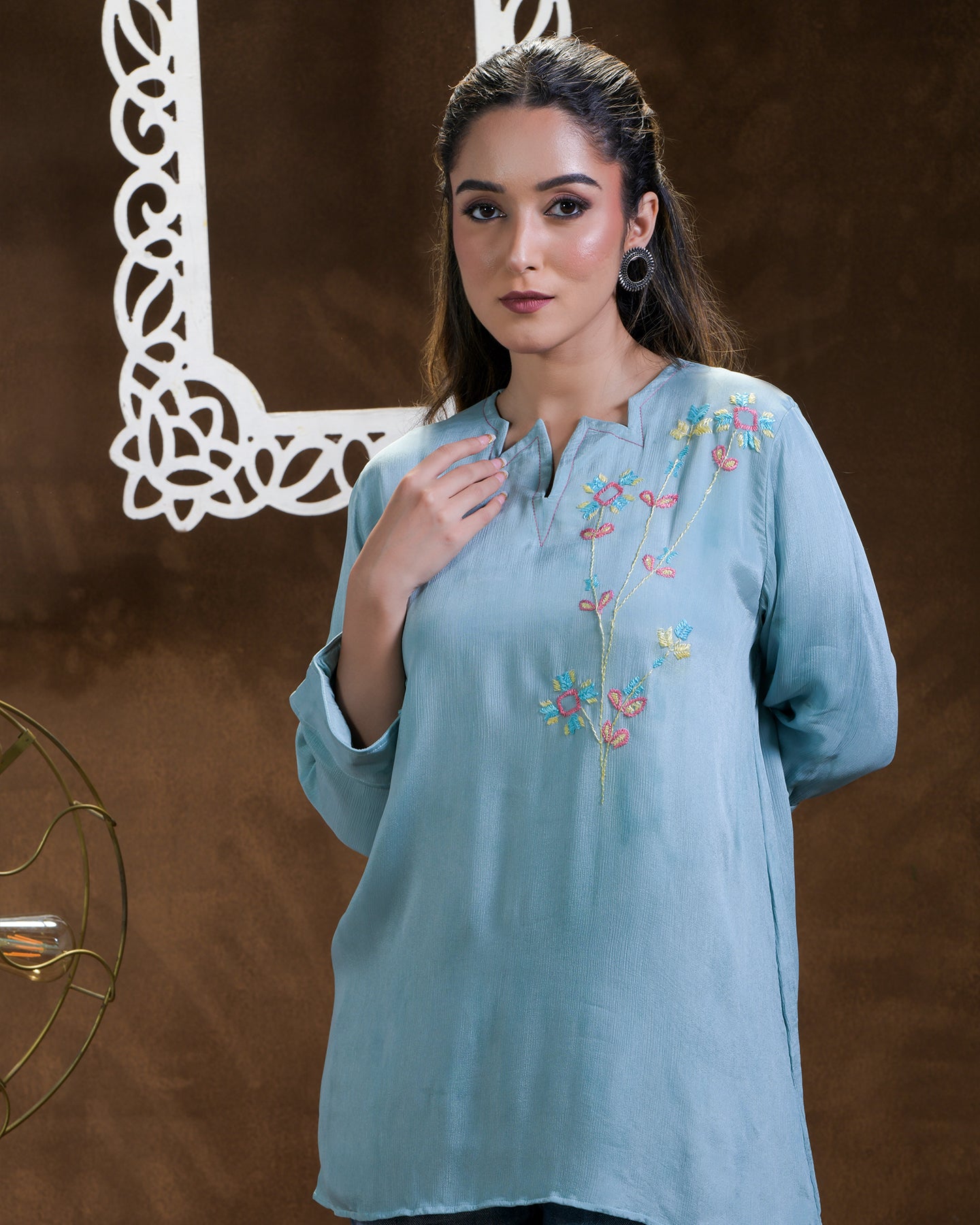 Pure Chinon Silk Hand Embroidered Phulkari Shirt - Blue Firozi Pastel Colours + Artisanal + Punjab + Tradition + Women + MakeInIndia + Handicraft + Blue red Motif + trend + festival wear + comfort wear + smart wear + trendy wear + indian ethnic + cultural wear + rakhi + diwali + ganesh cahturthi + friends wear + date wear + casual wear + indian wear + western wear + trendy attire + fashion + stylish + dinner + luxury + premium + royal + floral + stylish neck + kurti