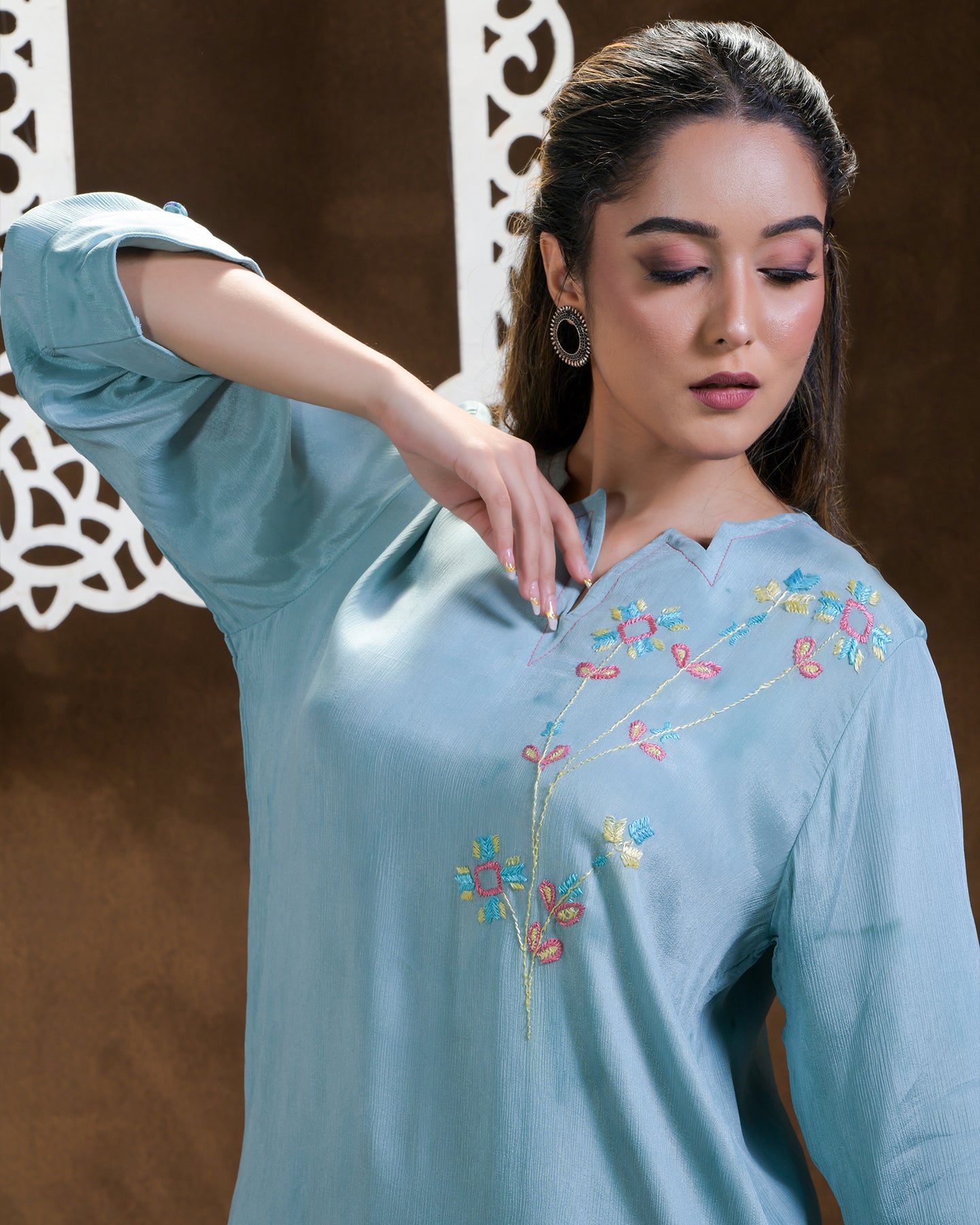 Pure Chinon Silk Hand Embroidered Phulkari Shirt - Blue Firozi Pastel Colours + Artisanal + Punjab + Tradition + Women + MakeInIndia + Handicraft + Blue red Motif + trend + festival wear + comfort wear + smart wear + trendy wear + indian ethnic + cultural wear + rakhi + diwali + ganesh cahturthi + friends wear + date wear + casual wear + indian wear + western wear + trendy attire + fashion + stylish + dinner + luxury + premium + royal + floral + stylish neck + kurti