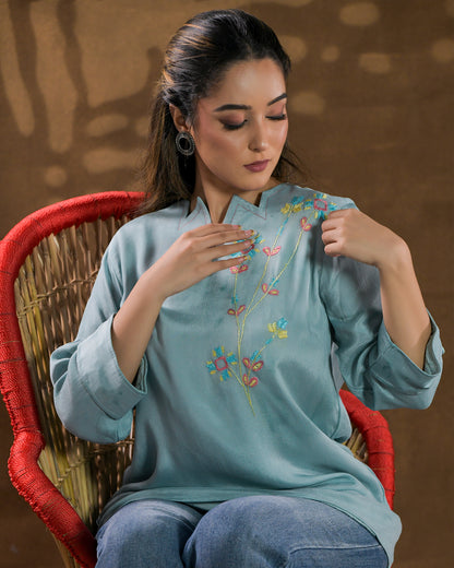 Pure Chinon Silk Hand Embroidered Phulkari Shirt - Blue Firozi Pastel Colours + Artisanal + Punjab + Tradition + Women + MakeInIndia + Handicraft + Blue red Motif + trend + festival wear + comfort wear + smart wear + trendy wear + indian ethnic + cultural wear + rakhi + diwali + ganesh cahturthi + friends wear + date wear + casual wear + indian wear + western wear + trendy attire + fashion + stylish + dinner + luxury + premium + royal + floral + stylish neck + kurti