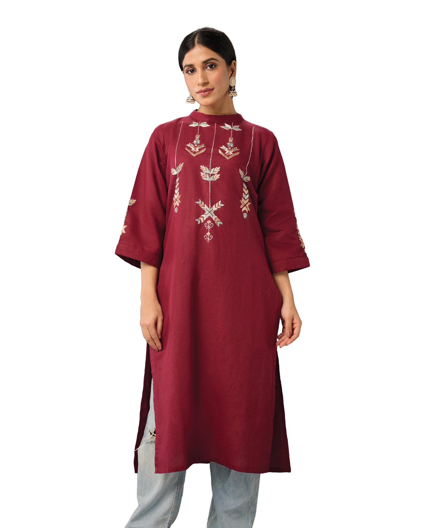 Pure Cotton Linen Hand Embroidered Phulkari Kurti - Aesthetic Maroon + Artisanal + Punjab + Tradition + Women + MakeInIndia + Handicraft + Boat Neck + Punjabi + Rang + unique + niche + fashion + designer + bestseller + rare + bestseller + trending fashion + earth + environment friendly + handmade + natural + office + date + friends + get together + dinner + ias/ips + govt dinenrs + family + travel + comfort + linen + luxury + rioyal