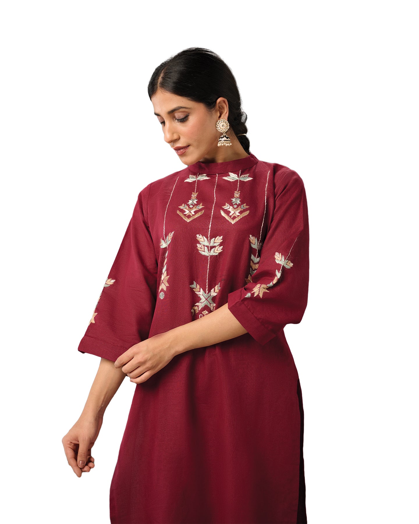 Pure Cotton Linen Hand Embroidered Phulkari Kurti - Aesthetic Maroon + Artisanal + Punjab + Tradition + Women + MakeInIndia + Handicraft + Boat Neck + Punjabi + Rang + unique + niche + fashion + designer + bestseller + rare + bestseller + trending fashion + earth + environment friendly + handmade + natural + office + date + friends + get together + dinner + ias/ips + govt dinenrs + family + travel + comfort + linen + luxury + rioyal