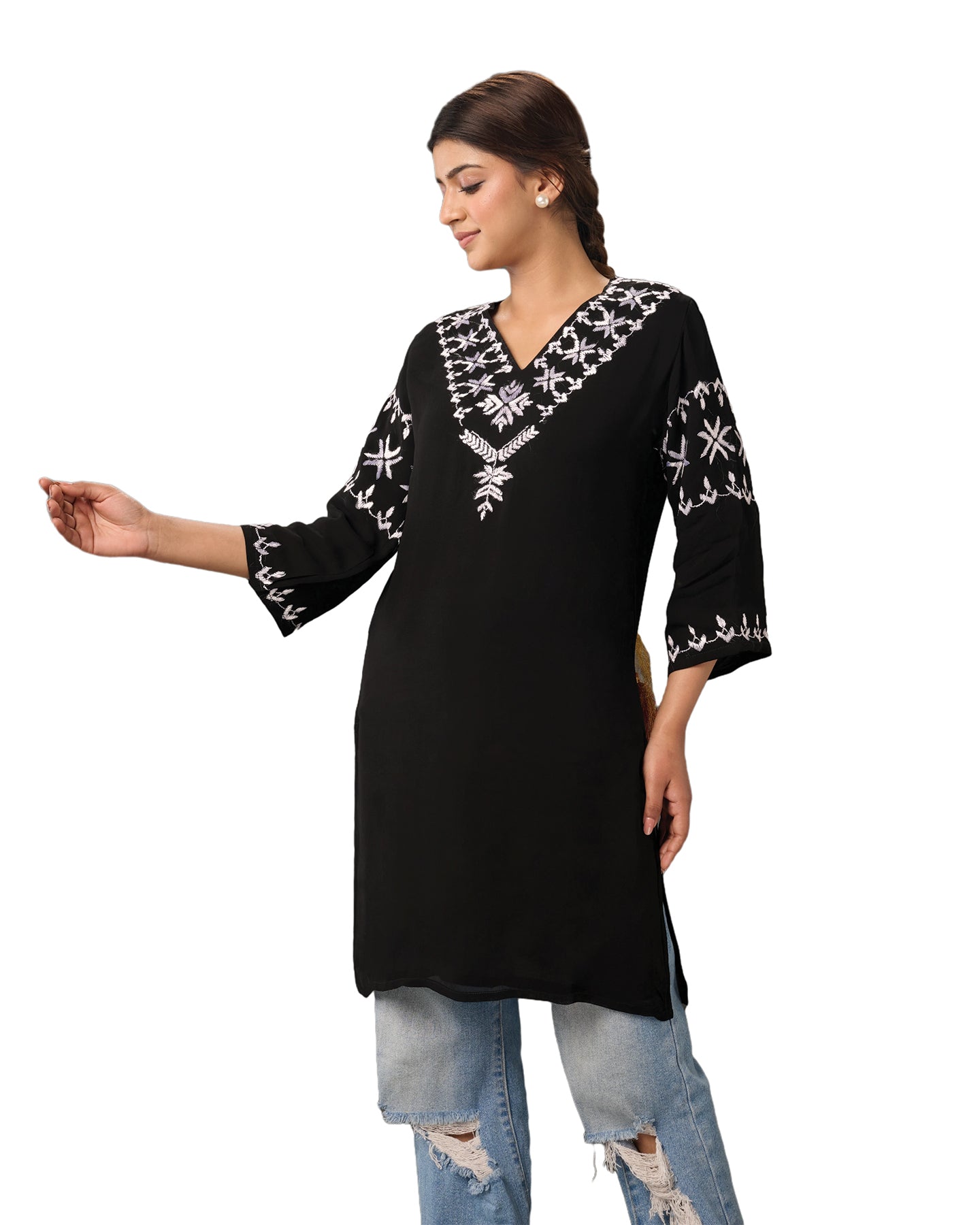 Pure Georgette Hand Embroidered Phulkari Short Kurti - Black + Artisanal + Punjab + Tradition + Women + MakeInIndia + Handicraft + Panjab + Rang + Colours + Girl Clothing + Fulkari + Threads + Embroidery + Handwork + Artisan + slow fashion + women + artisan + rural + ngo + designer + branded + bestseller + niche + stylish + smart + dinner + casual + formal + partywear + date + friends + couple + dinner + coffee