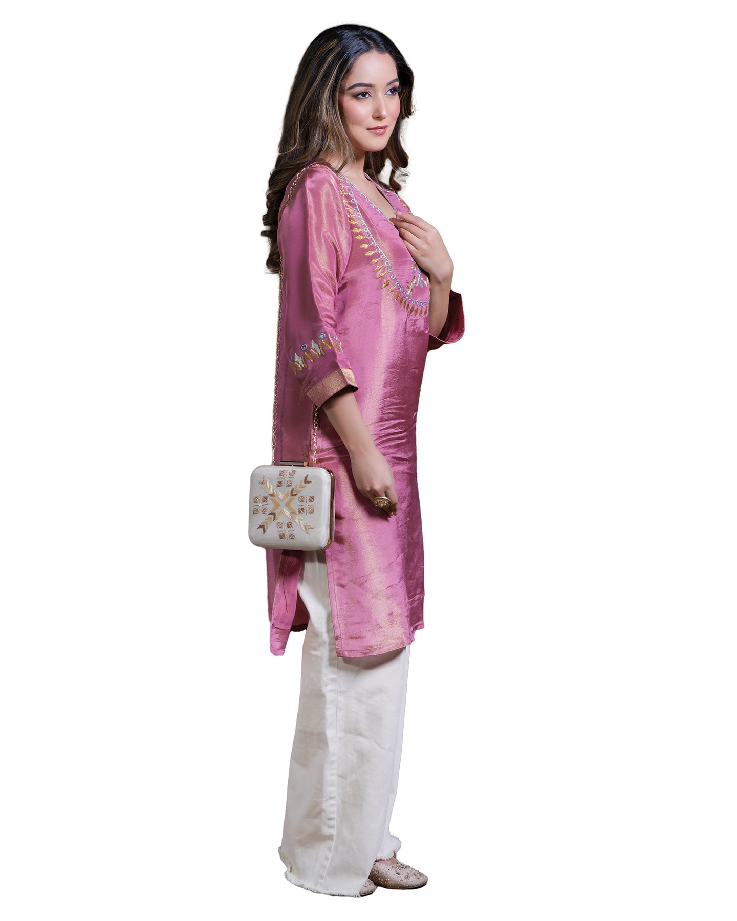 Pure Tissue Silk Hand Embroidered Phulkari Kurti - Rose Gold Pink Colours + Artisanal + Punjab + Tradition + Women + MakeInIndia + Handicraft + trend + festival wear + comfort wear + smart wear + trendy wear + indian ethnic + cultural wear + rakhi + diwali + ganesh cahturthi + friends wear + date wear + casual wear + indian wear + western wear + trendy attire + fashion + stylish + dinner + luxury + premium + royal + floral + designer + natural +best + plus size