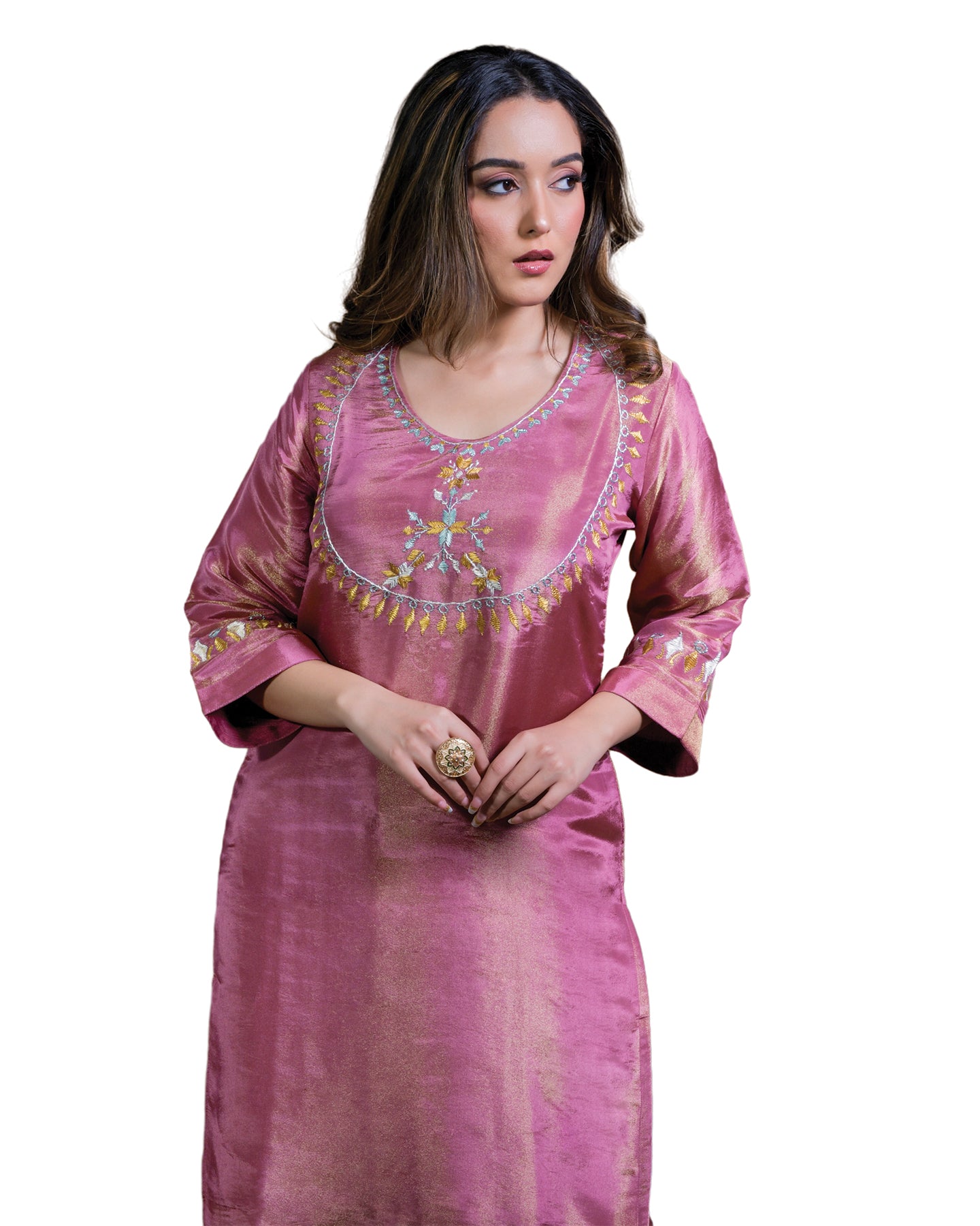 Pure Tissue Silk Hand Embroidered Phulkari Kurti - Rose Gold Pink Colours + Artisanal + Punjab + Tradition + Women + MakeInIndia + Handicraft + trend + festival wear + comfort wear + smart wear + trendy wear + indian ethnic + cultural wear + rakhi + diwali + ganesh cahturthi + friends wear + date wear + casual wear + indian wear + western wear + trendy attire + fashion + stylish + dinner + luxury + premium + royal + floral + designer + natural +best + plus size