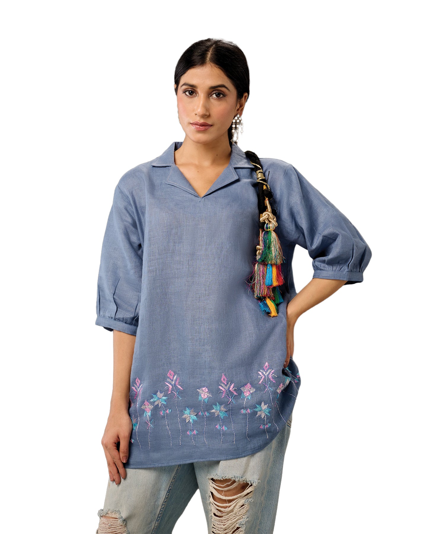 Pure Linen Hand Embroidered Phulkari Tunic - Baby Blue + Artisanal + Punjab + Tradition + Women + MakeInIndia + Handicraft + Panjab + Rang + Colours + Girl Clothing + Fulkari + Threads + Colours + Colors + Embroidery + Handwork + Artisan + Short Kurti + Top + extra size + overweight + stylish + luxury + royal + natural + women + artisans + rural + trendy + unique + rare + designer + limited + bestseller + popular + linen + all weather