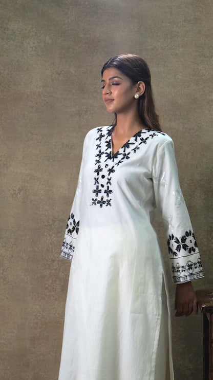 Pure Chanderi Hand Embroidered Phulkari Kurti - White Monochrome + Artisanal + Punjab + Tradition + Women + MakeInIndia + Handicraft + Panjab + Rang + Colours + Girl Clothing + Fulkari + Threads + Colours + Colors + Embroidery + Handwork + Artisan + Stylish + Comfort wear + Royal