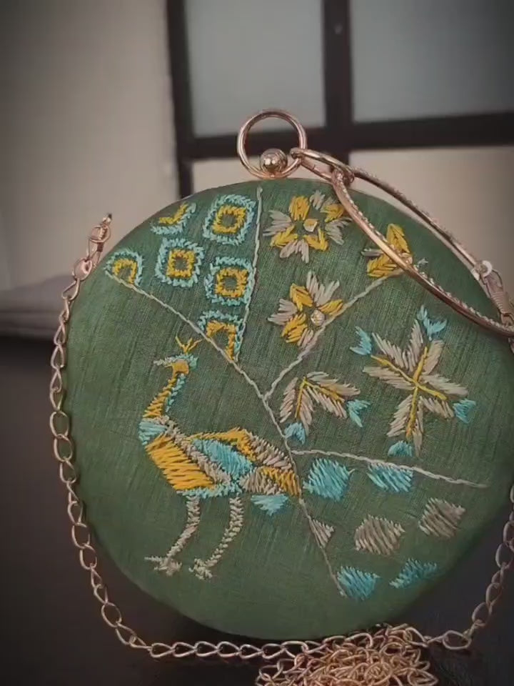 Pure Silk Hand Embroidered Phulkari Clutch - forest green + Artisanal + Punjab + Tradition + Women + MakeInIndia + Handicraft +  trend + festival wear + comfort wear + smart wear + trendy wear + indian ethnic + cultural wear + rakhi + diwali + ganesh cahturthi + friends wear + date wear + casual wear + indian wear + western wear + trendy attire + fashion + stylish + dinner + clutch + handbag + sling bag + classy + marriage essentials + bride wear + punjab + panjab + handwork + vibrant + signature