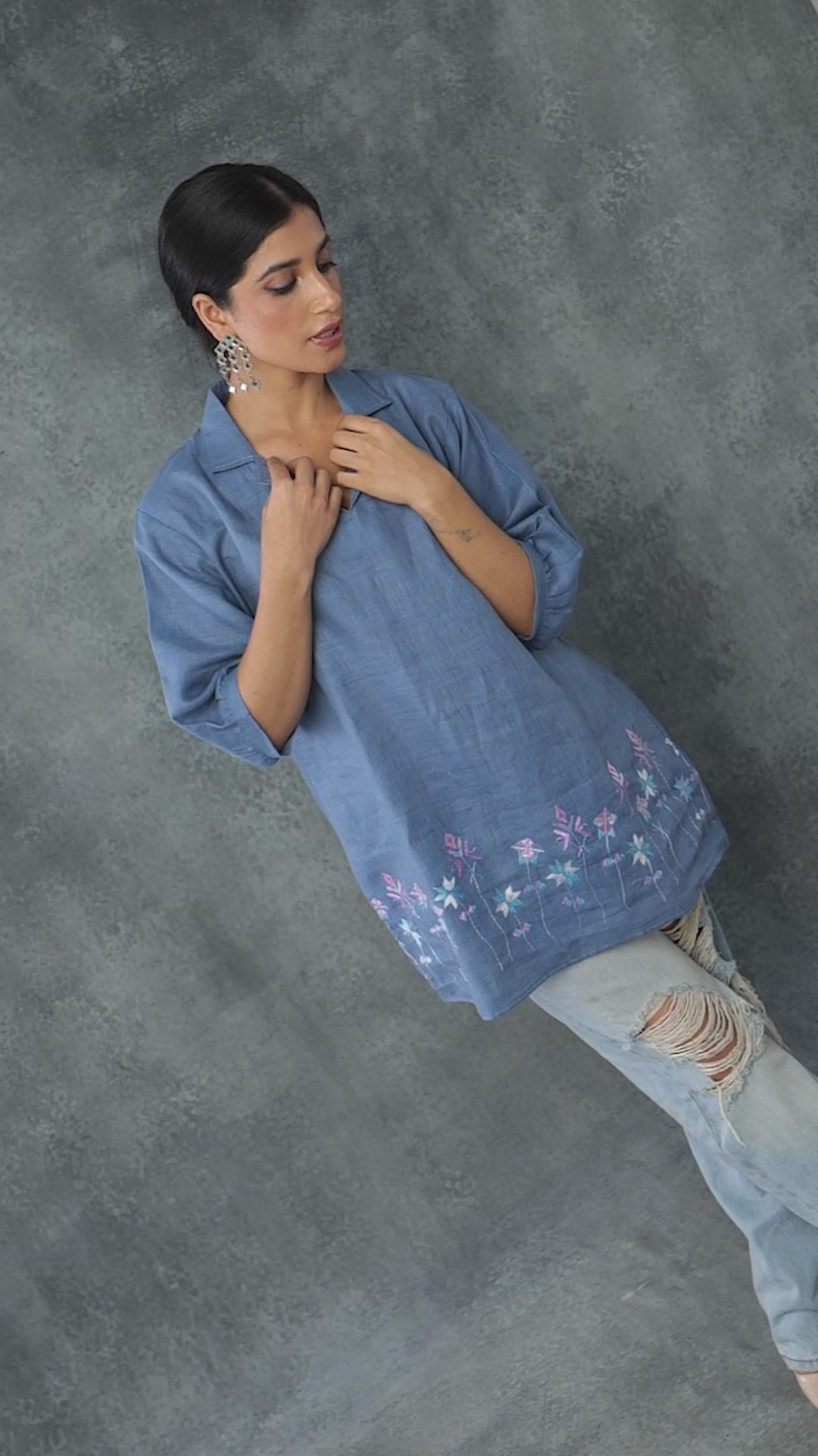 Pure Linen Hand Embroidered Phulkari Tunic - Baby Blue + Artisanal + Punjab + Tradition + Women + MakeInIndia + Handicraft + Panjab + Rang + Colours + Girl Clothing + Fulkari + Threads + Colours + Colors + Embroidery + Handwork + Artisan + Short Kurti + Top + rural + women empowerment + fulkari + dupatta + riral