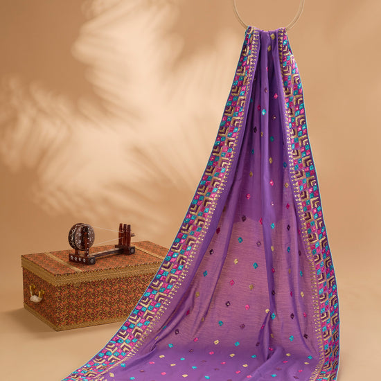 Pure Chanderi Hand Embroidered Phulkari Dupatta - Luxury Purple + multicolor + royal + antique + Artisanal + Punjab + Tradition + Women + MakeInIndia + Handicraft + Panjab + Rang + Colours + Girl Clothing + Fulkari + Threads + Colours + Colors + Embroidery + Handwork + Artisan + Stylish + Royalty + Royal + Decoration + Decor+ Heritage Punjab + NRI