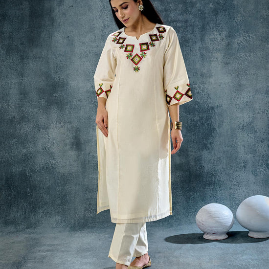 Pure Chanderi Hand Embroidered Phulkari Kurti - Bavarian Cream + Artisanal + Punjab + Tradition + Women + MakeInIndia + Handicraft + Panjab + Rang + Colours + Girl Clothing + Fulkari + Threads + Colours + Colors + Embroidery + Handwork + Artisan + Stylish + trendy + local + punjabi + panjab + ethnic + suit + party wear + wedding wear + get togethers