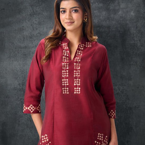 Pure Chanderi Hand Embroidered Phulkari Kurti Pant - Royal Maroon + Artisanal + Punjab + Tradition + Women + MakeInIndia + Handicraft + Panjab + Rang + Colours + Girl Clothing + Fulkari + Threads + Colours + Colors + Embroidery + Handwork + Artisan + Stylish + indian + ethnic + kurta