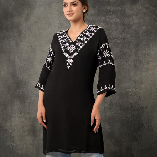 Pure Georgette Hand Embroidered Phulkari Short Kurti - Black + Artisanal + Punjab + Tradition + Women + MakeInIndia + Handicraft + Panjab + Rang + Colours + Girl Clothing + Fulkari + Threads + Colours + Colors + Embroidery + Handwork + Artisan + women empowerment + rural + punjabi + dupatta