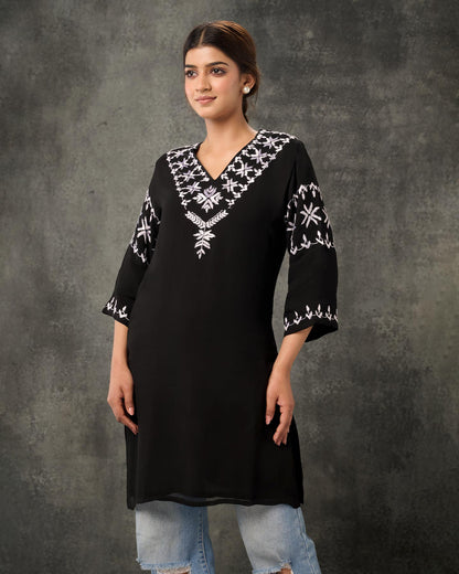 Pure Georgette Hand Embroidered Phulkari Short Kurti - Black + Artisanal + Punjab + Tradition + Women + MakeInIndia + Handicraft + Panjab + Rang + Colours + Girl Clothing + Fulkari + Threads + Colours + Colors + Embroidery + Handwork + Artisan + women empowerment + rural + punjabi + dupatta