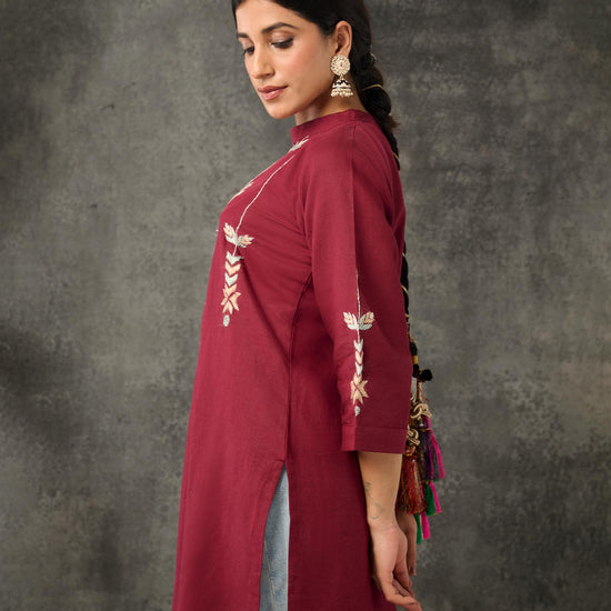 Pure Cotton Linen Hand Embroidered Phulkari Kurti - Aesthetic Maroon + Artisanal + Punjab + Tradition + Women + MakeInIndia + Handicraft + Boat Neck + Fulkari + embroidery + hand work + handicraft + women empowerment + dupatta