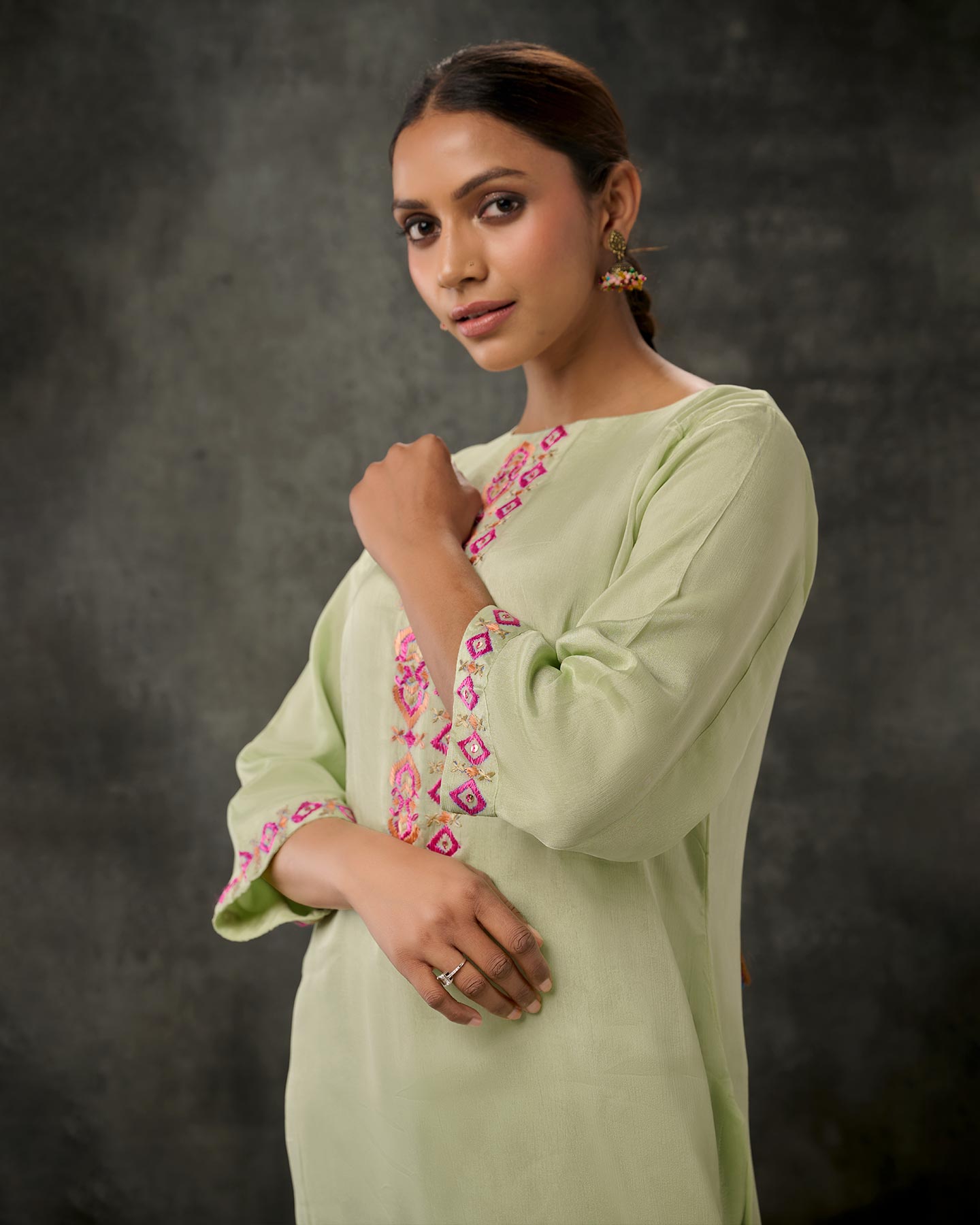 Pure Chinon Hand Embroidered Phulkari Kurti - Pastel Green + Artisanal + Punjab + Tradition + Women + MakeInIndia + Handicraft + Panjab + Rang + Colours + Girl Clothing + Fulkari + Threads + Colours + Colors + Embroidery + Handwork + Artisan