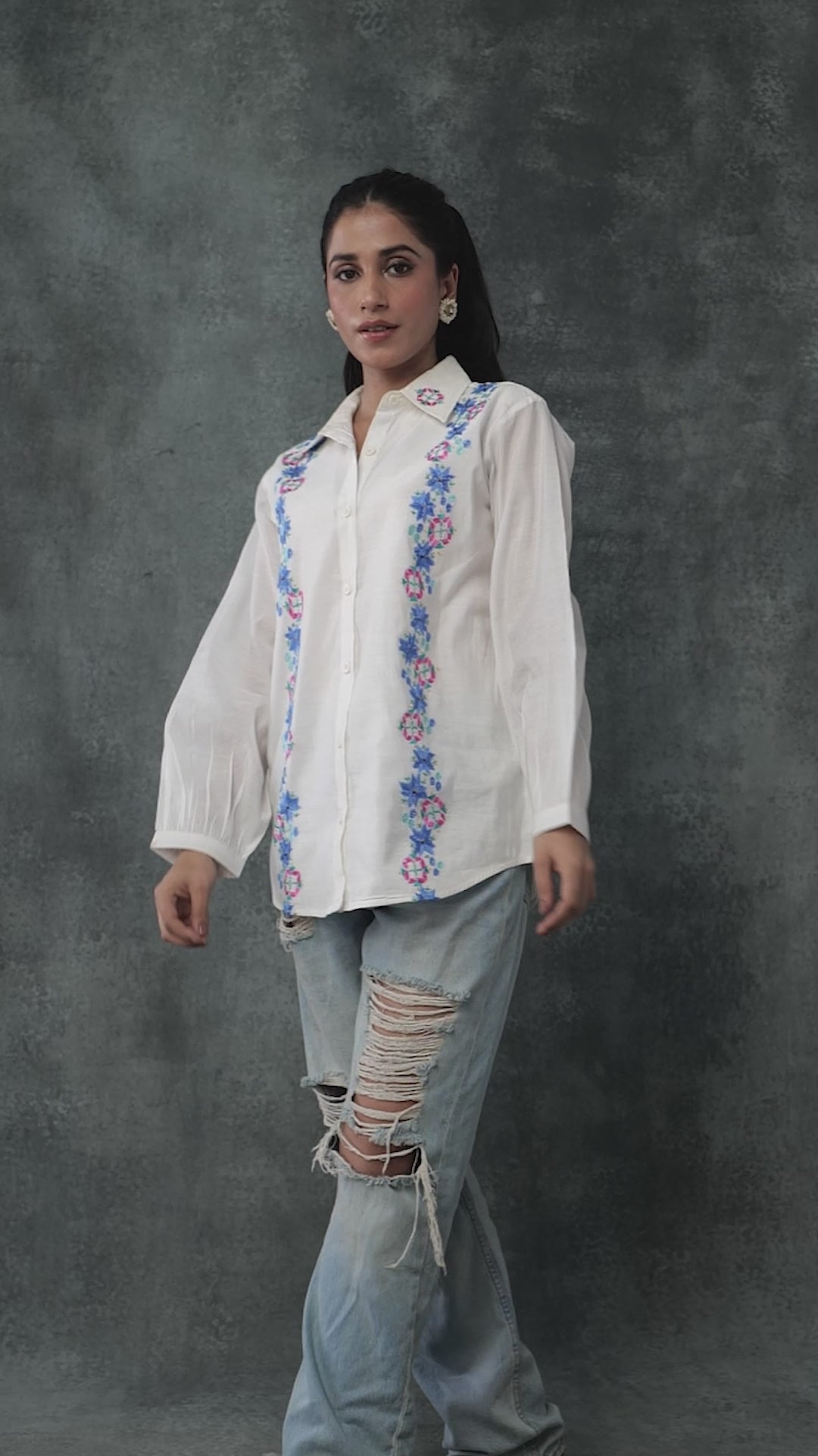 Pure Chanderi Hand Embroidered Phulkari Shirt - Ivory White Colours + Artisanal + Punjab + Tradition + Women + MakeInIndia + Handicraft + Blue Pink Green Motif + smart fit + casual wear + office wear + comfort fit