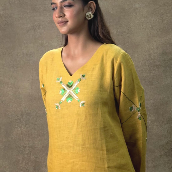 Pure Linen Hand Embroidered Phulkari Pant - Sunflower Yellow + Artisanal + Punjab + Tradition + Women + MakeInIndia + Handicraft + Panjab + Rang + Colours + Girl Clothing + Fulkari + Threads + Colours + Colors + Embroidery + Handwork + Artisan + Stylish + Comfort wear + comfort wear + luxury linen + trending + formal wear + dinner wear + kitty wear