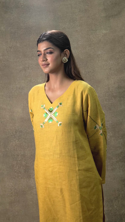 Pure Linen Hand Embroidered Phulkari Pant - Sunflower Yellow + Artisanal + Punjab + Tradition + Women + MakeInIndia + Handicraft + Panjab + Rang + Colours + Girl Clothing + Fulkari + Threads + Colours + Colors + Embroidery + Handwork + Artisan + Stylish + Comfort wear + comfort wear + luxury linen + trending + formal wear + dinner wear + kitty wear