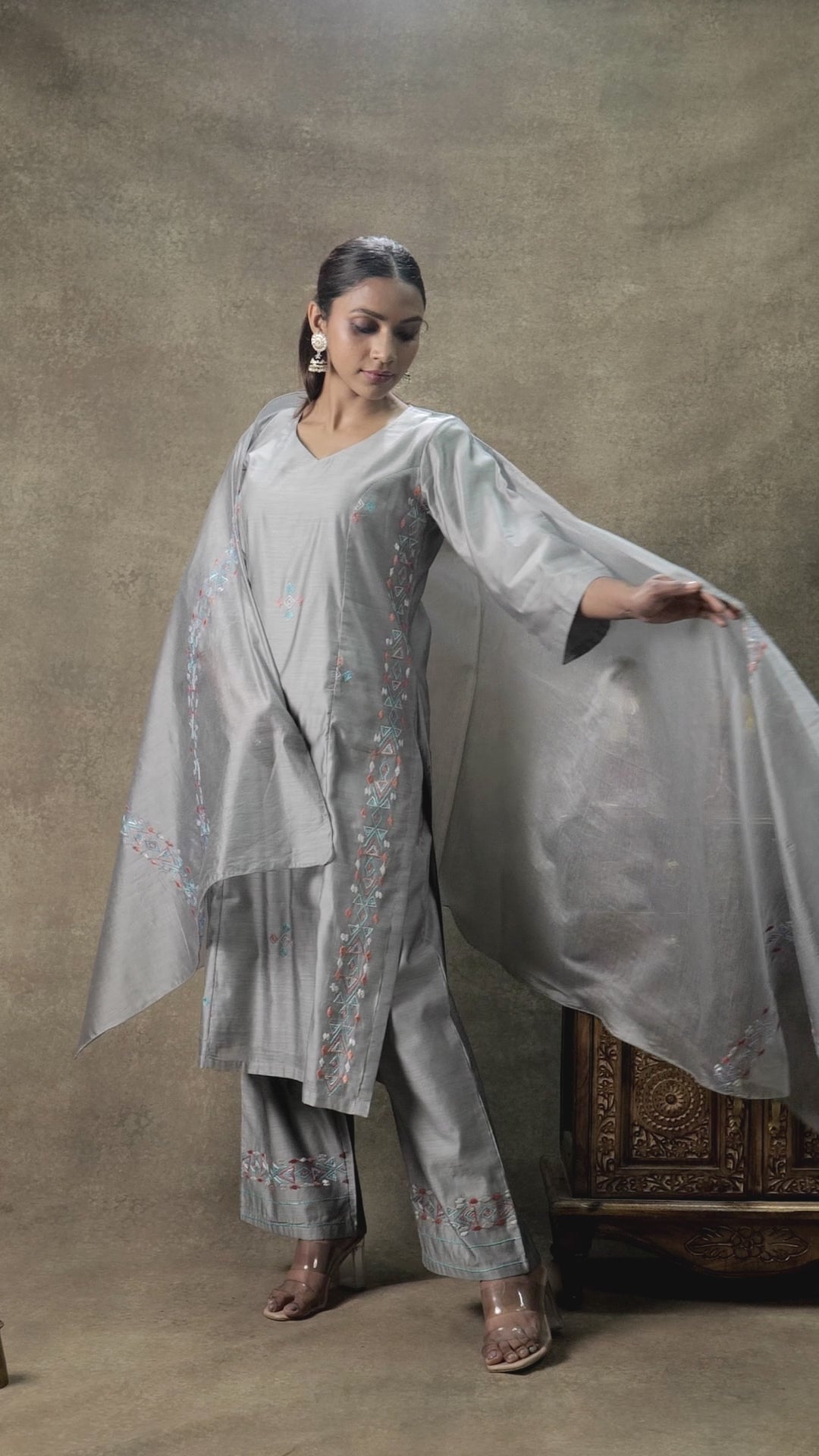 Pure Chanderi Hand Embroidered Phulkari Suit with Dupatta - Glacier Grey + Artisanal + Punjab + Tradition + Women + MakeInIndia + Handicraft + Panjab + Rang + Colours + Girl Clothing + Fulkari + Threads + Colours + Colors + Embroidery + Handwork + Artisan + Stylish + Comfort wear + Royal + Elegant + Kurti + Pant + Dupatta + graceful + royal + punjabi + ethnic + indian + wedding + NRI + party wear + kitty party + dinner